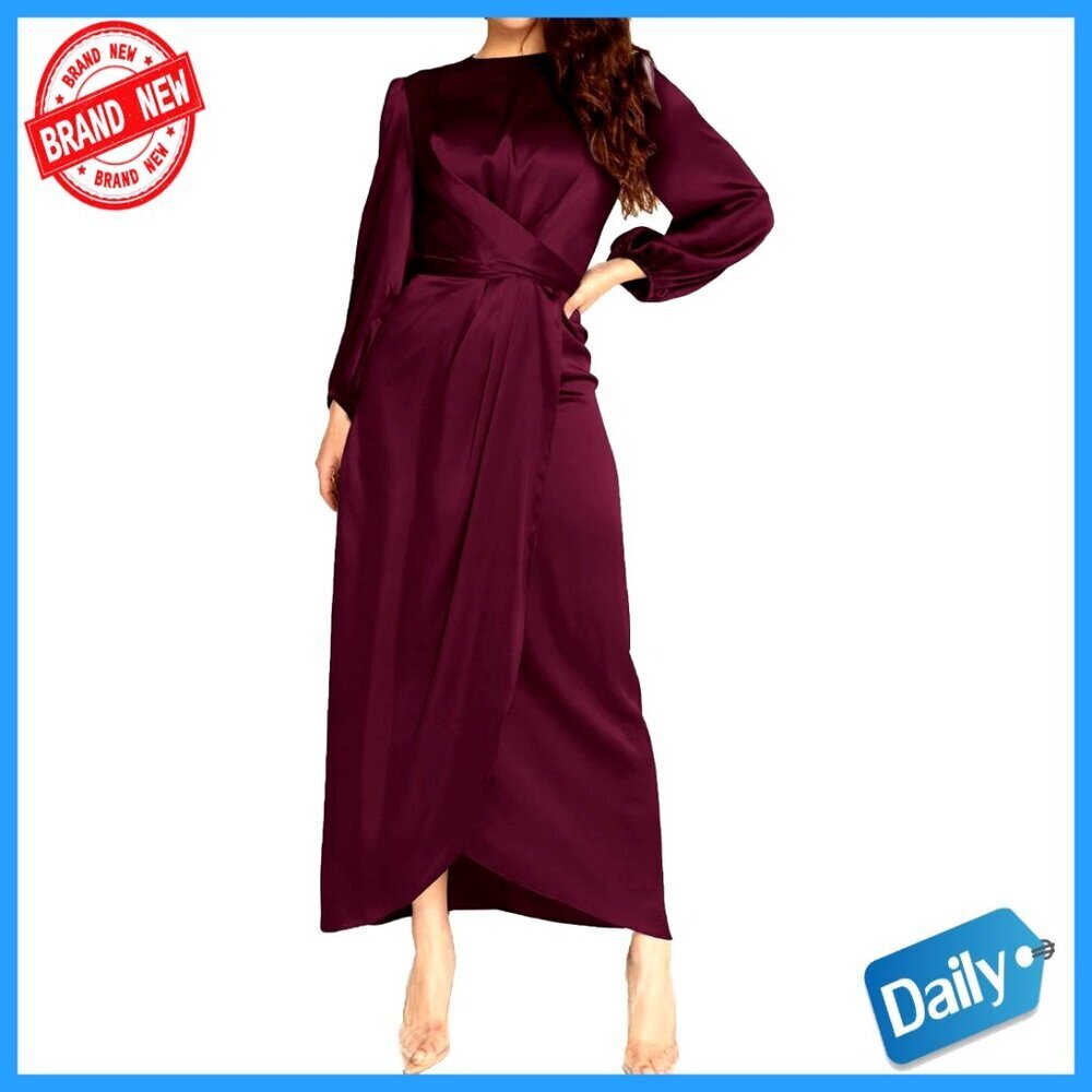 Long Sleeve Satin Maxi Dress Empire Waist Wrap Belt